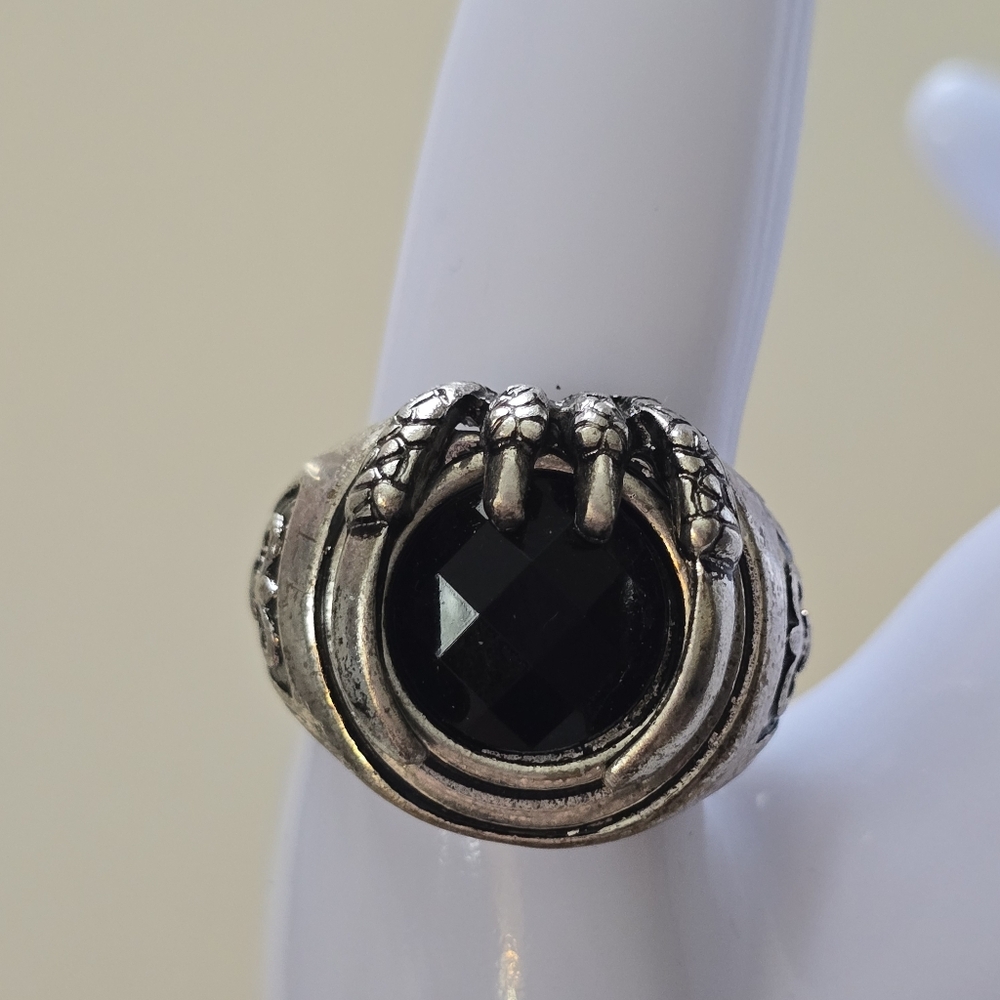 Silver-Tone Black Stone Claw Ring Size 10